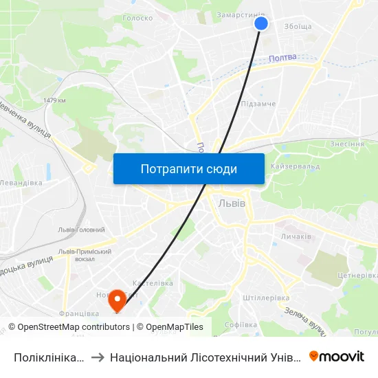 Поліклініка №2 to Національний Лісотехнічний Університет map