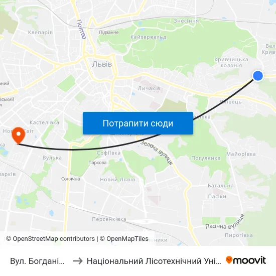 Вул. Богданівська to Національний Лісотехнічний Університет map