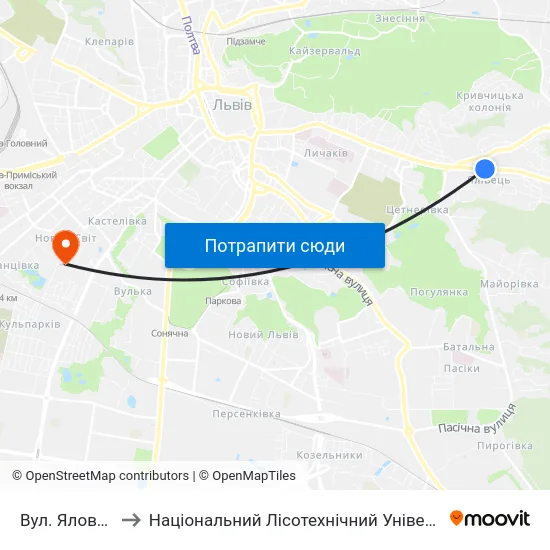 Вул. Яловець to Національний Лісотехнічний Університет map