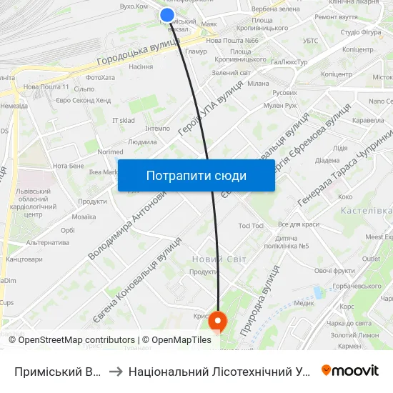 Приміський Вокзал to Національний Лісотехнічний Університет map
