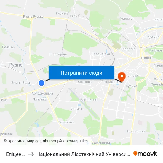 Епіцентр to Національний Лісотехнічний Університет map