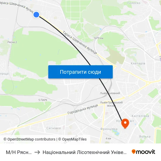 М/Н Рясне-1 to Національний Лісотехнічний Університет map