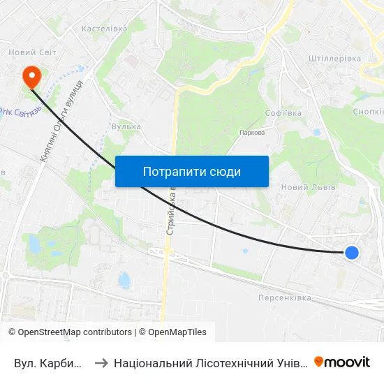 Вул. Карбишева to Національний Лісотехнічний Університет map