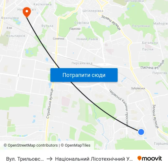 Вул. Трильовського to Національний Лісотехнічний Університет map