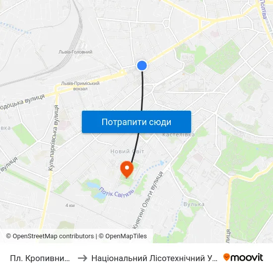 Пл. Кропивницького to Національний Лісотехнічний Університет map