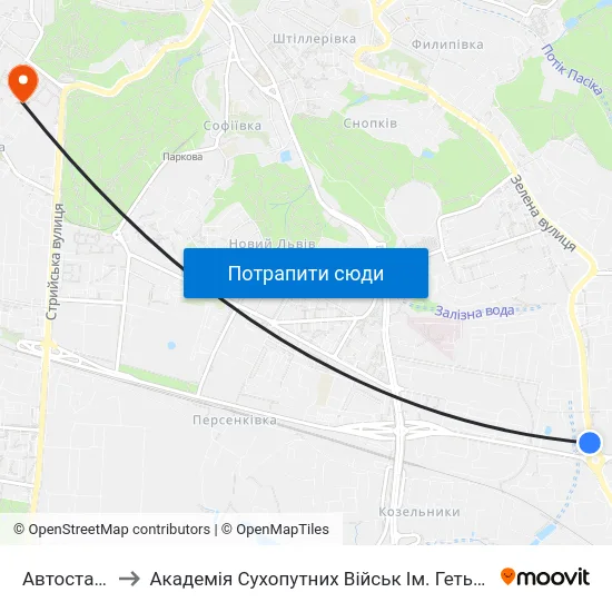 Автостанція №5 to Академія Сухопутних Військ Ім. Гетьмана Петра Сагайдачного map