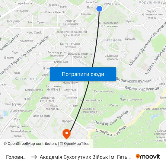 Головна Пошта to Академія Сухопутних Військ Ім. Гетьмана Петра Сагайдачного map