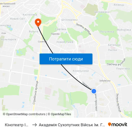 Кінотеатр Ім. Довженка to Академія Сухопутних Військ Ім. Гетьмана Петра Сагайдачного map