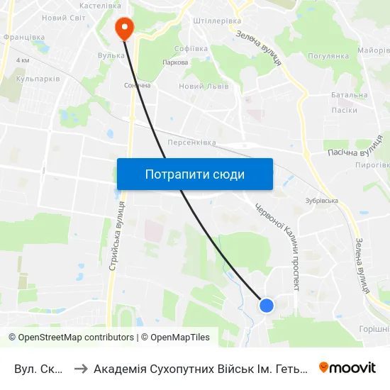 Вул. Скрипника to Академія Сухопутних Військ Ім. Гетьмана Петра Сагайдачного map