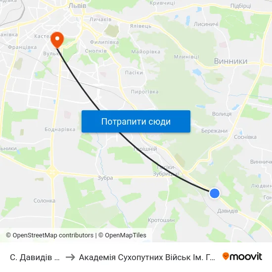 С. Давидів (На Вимогу) to Академія Сухопутних Військ Ім. Гетьмана Петра Сагайдачного map