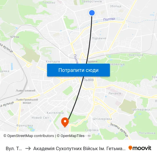 Вул. Тичини to Академія Сухопутних Військ Ім. Гетьмана Петра Сагайдачного map