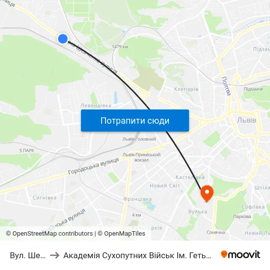 Вул. Шевченка to Академія Сухопутних Військ Ім. Гетьмана Петра Сагайдачного map