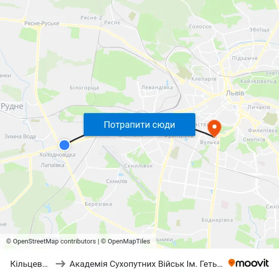Кільцева Дорога to Академія Сухопутних Військ Ім. Гетьмана Петра Сагайдачного map