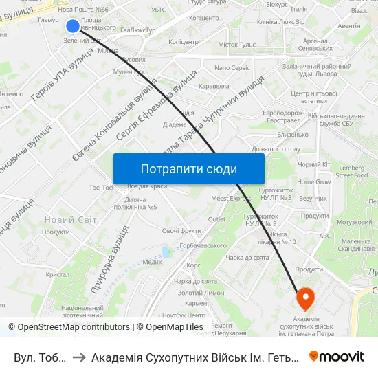 Вул. Тобілевича to Академія Сухопутних Військ Ім. Гетьмана Петра Сагайдачного map