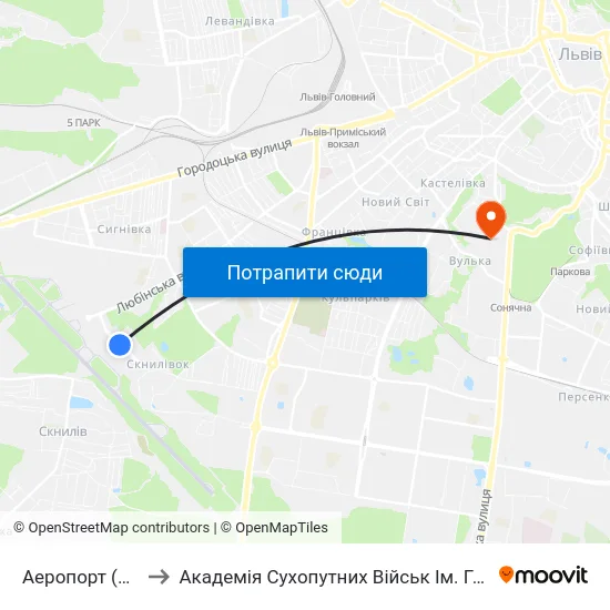 Аеропорт (Термінал "А") to Академія Сухопутних Військ Ім. Гетьмана Петра Сагайдачного map