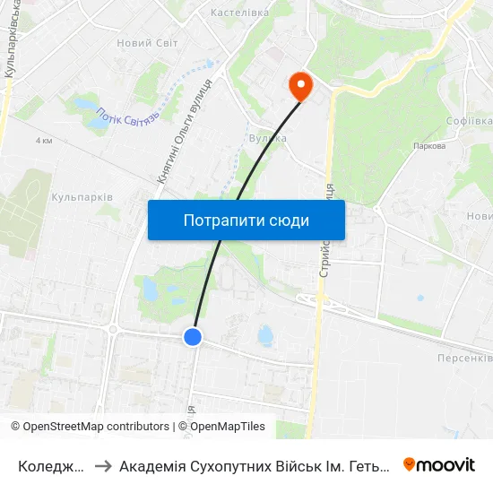 Коледж Зв'Язку to Академія Сухопутних Військ Ім. Гетьмана Петра Сагайдачного map