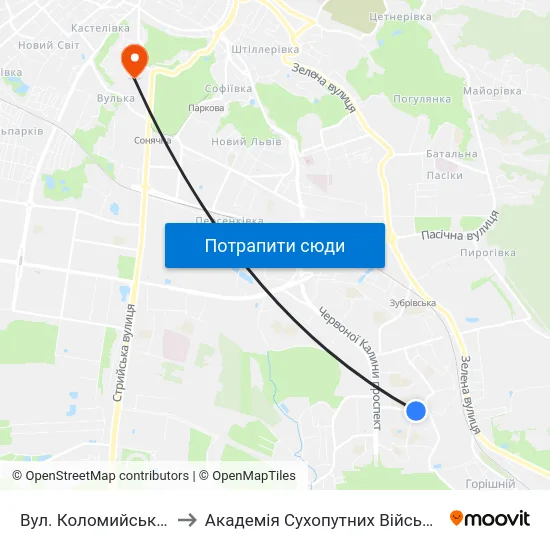 Вул. Коломийська - Вул. Трильовського to Академія Сухопутних Військ Ім. Гетьмана Петра Сагайдачного map