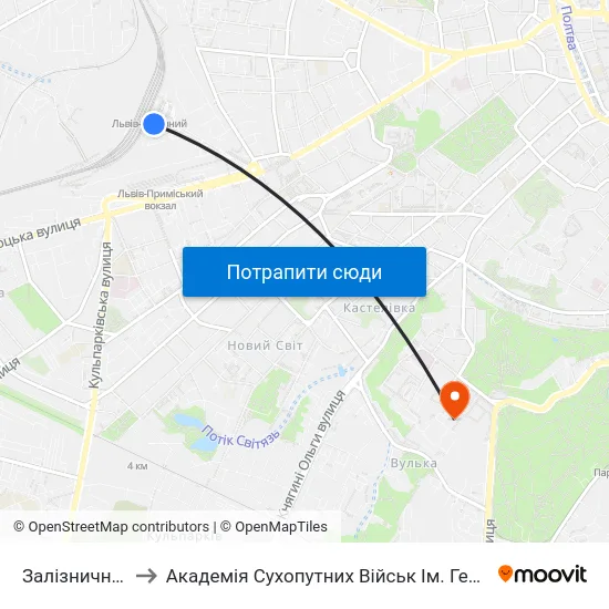 Залізничний Вокзал to Академія Сухопутних Військ Ім. Гетьмана Петра Сагайдачного map