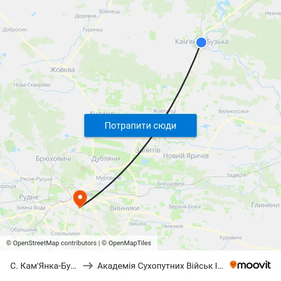 С. Кам'Янка-Бузька (Вул. Хомина) to Академія Сухопутних Військ Ім. Гетьмана Петра Сагайдачного map