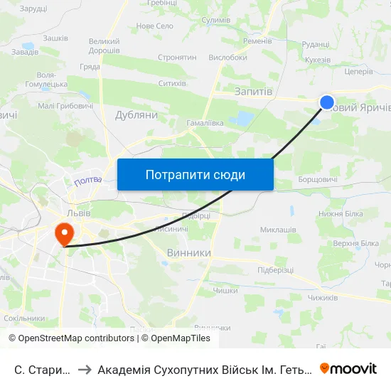 С. Старий Яричів to Академія Сухопутних Військ Ім. Гетьмана Петра Сагайдачного map