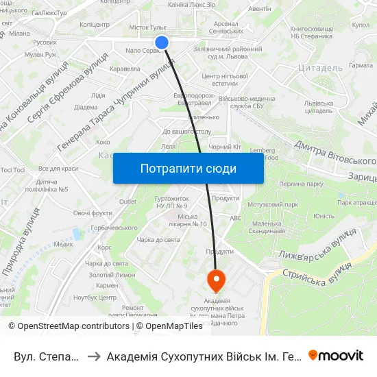 Вул. Степана Бандери to Академія Сухопутних Військ Ім. Гетьмана Петра Сагайдачного map