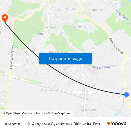 Автостанція №5 to Академія Сухопутних Військ Ім. Гетьмана Петра Сагайдачного map