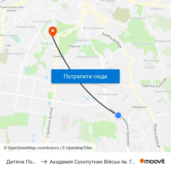 Дитяча Поліклініка №4 to Академія Сухопутних Військ Ім. Гетьмана Петра Сагайдачного map