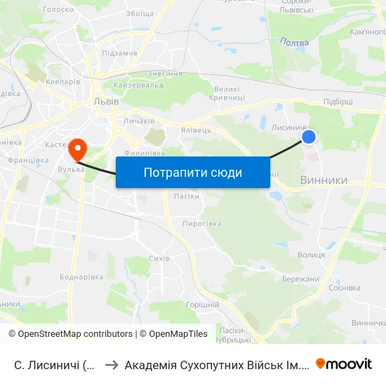 С. Лисиничі (Вул. Полуботка) to Академія Сухопутних Військ Ім. Гетьмана Петра Сагайдачного map