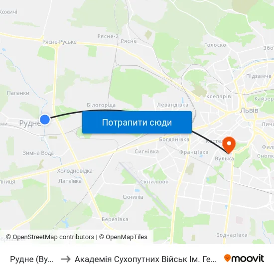 Рудне (Вул. Мазепи) to Академія Сухопутних Військ Ім. Гетьмана Петра Сагайдачного map