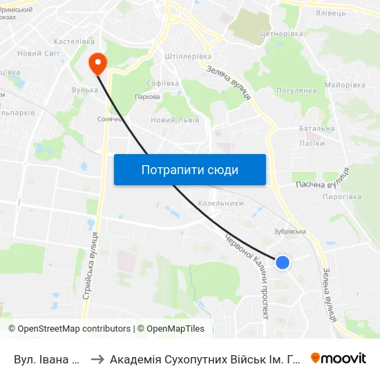 Вул. Івана Кавалерідзе to Академія Сухопутних Військ Ім. Гетьмана Петра Сагайдачного map