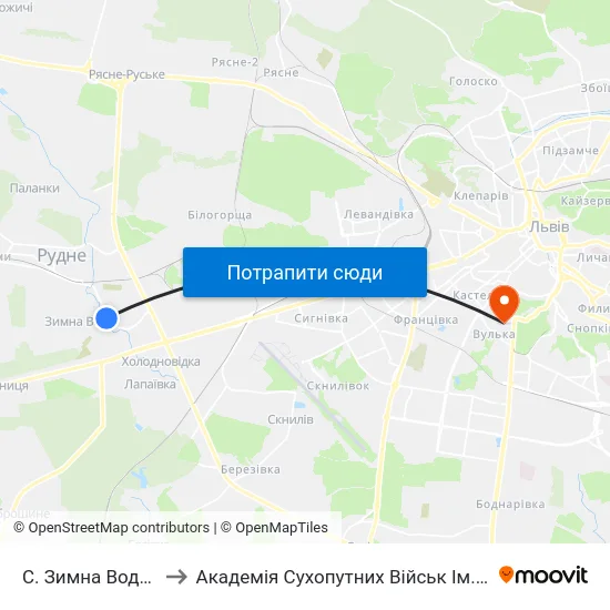С. Зимна Вода (Вул. Західна) to Академія Сухопутних Військ Ім. Гетьмана Петра Сагайдачного map