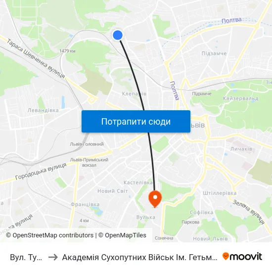 Вул. Тунельна to Академія Сухопутних Військ Ім. Гетьмана Петра Сагайдачного map