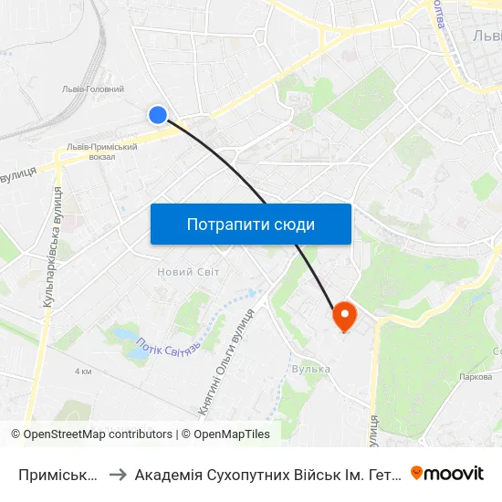 Приміський Вокзал to Академія Сухопутних Військ Ім. Гетьмана Петра Сагайдачного map