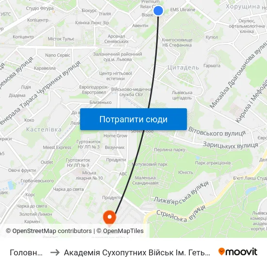 Головна Пошта to Академія Сухопутних Військ Ім. Гетьмана Петра Сагайдачного map