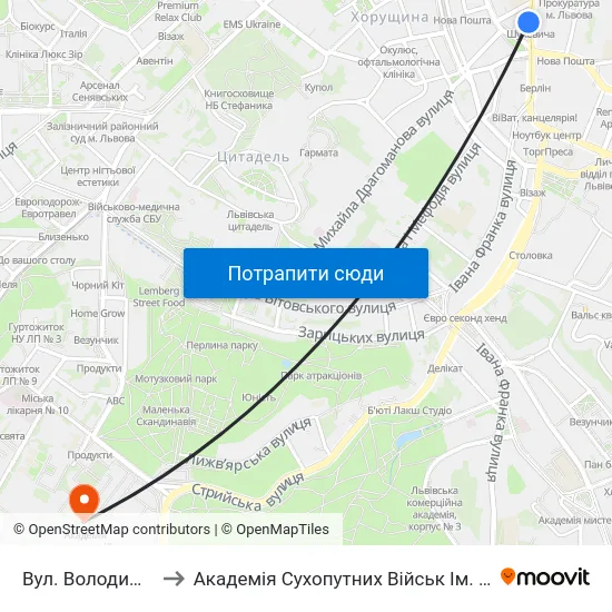 Вул. Володимира Шухевича to Академія Сухопутних Військ Ім. Гетьмана Петра Сагайдачного map
