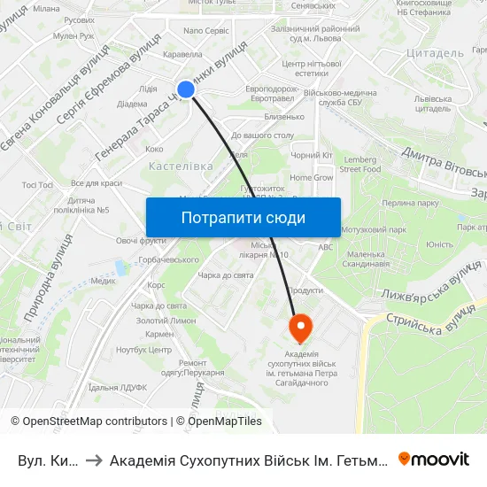 Вул. Київська to Академія Сухопутних Військ Ім. Гетьмана Петра Сагайдачного map