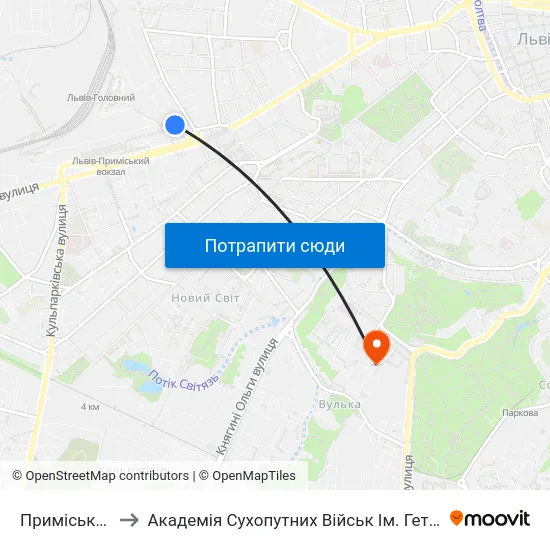 Приміський Вокзал to Академія Сухопутних Військ Ім. Гетьмана Петра Сагайдачного map
