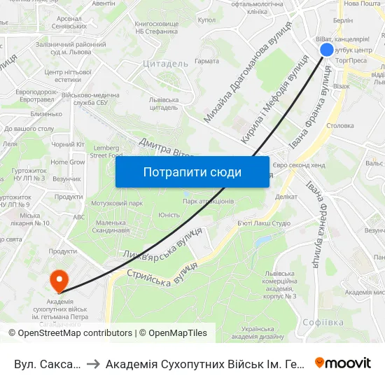 Вул. Саксаганського to Академія Сухопутних Військ Ім. Гетьмана Петра Сагайдачного map