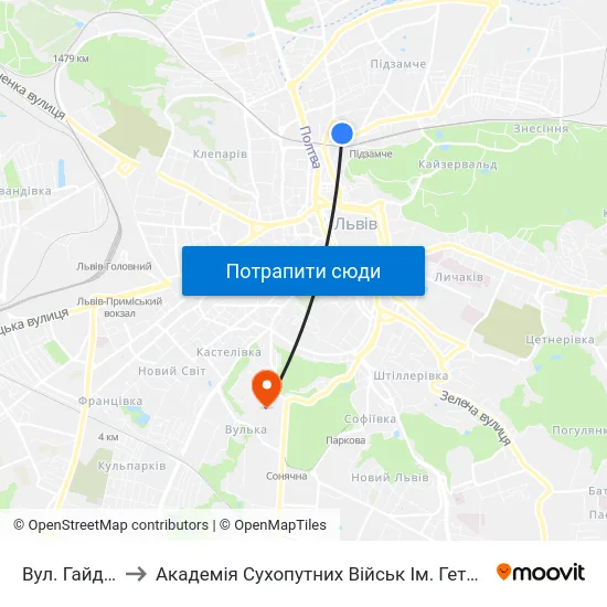 Вул. Гайдамацька to Академія Сухопутних Військ Ім. Гетьмана Петра Сагайдачного map