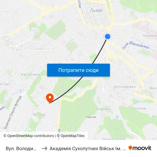 Вул. Володимира Шухевича to Академія Сухопутних Військ Ім. Гетьмана Петра Сагайдачного map