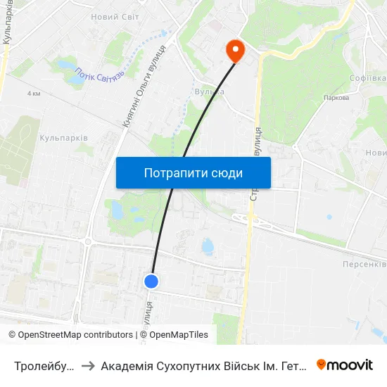 Тролейбусне Депо to Академія Сухопутних Військ Ім. Гетьмана Петра Сагайдачного map