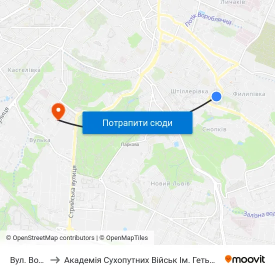 Вул. Водогінна to Академія Сухопутних Військ Ім. Гетьмана Петра Сагайдачного map