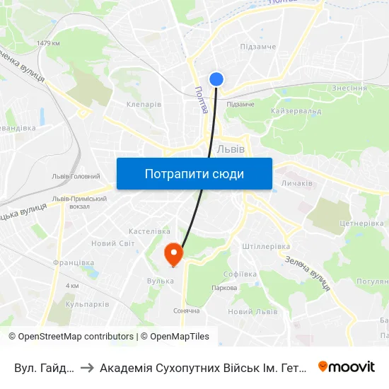 Вул. Гайдамацька to Академія Сухопутних Військ Ім. Гетьмана Петра Сагайдачного map