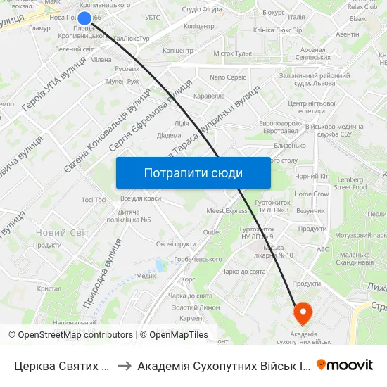 Церква Святих Ольги Та Єлизавети to Академія Сухопутних Військ Ім. Гетьмана Петра Сагайдачного map
