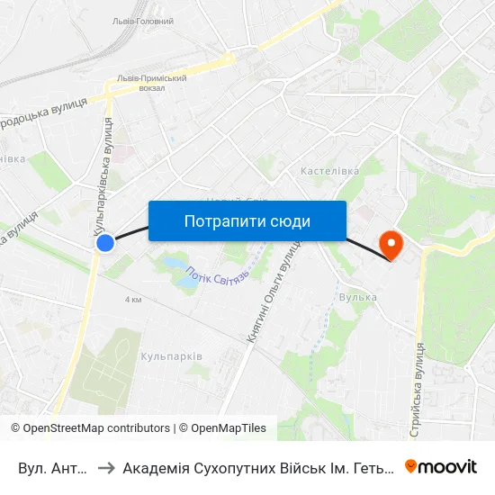Вул. Антоновича to Академія Сухопутних Військ Ім. Гетьмана Петра Сагайдачного map