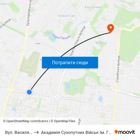 Вул. Василя Симоненка to Академія Сухопутних Військ Ім. Гетьмана Петра Сагайдачного map