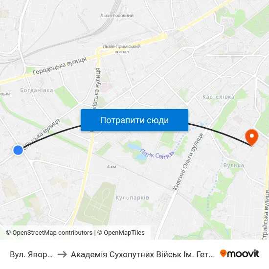Вул. Яворницького to Академія Сухопутних Військ Ім. Гетьмана Петра Сагайдачного map