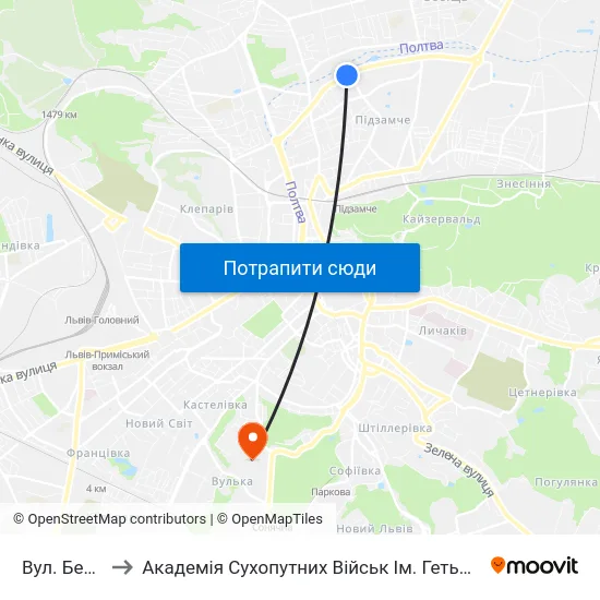 Вул. Бетховена to Академія Сухопутних Військ Ім. Гетьмана Петра Сагайдачного map