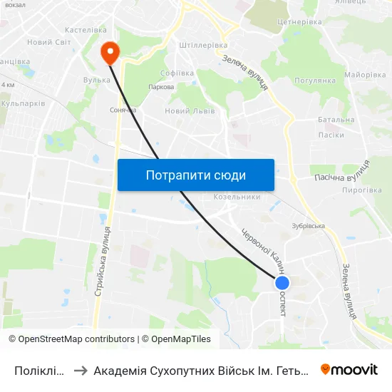 Поліклініка №4 to Академія Сухопутних Військ Ім. Гетьмана Петра Сагайдачного map