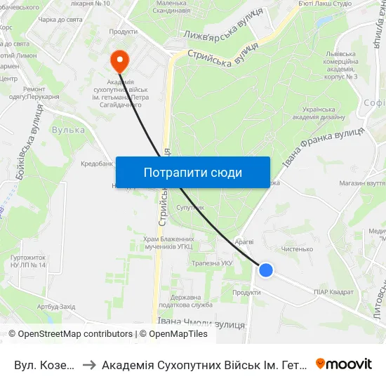 Вул. Козельницька to Академія Сухопутних Військ Ім. Гетьмана Петра Сагайдачного map